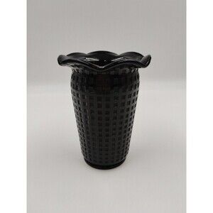 Vintage Ebony Black  Vase 5.5" Tall VGC Basket Weave Scallop Ruffle Top
